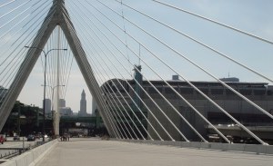Bridge cables, buildings downtown, Fleet Center sports arena