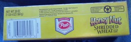 Bottom of Shreaded Wheat box with UPC code, recycle symbol, etc.